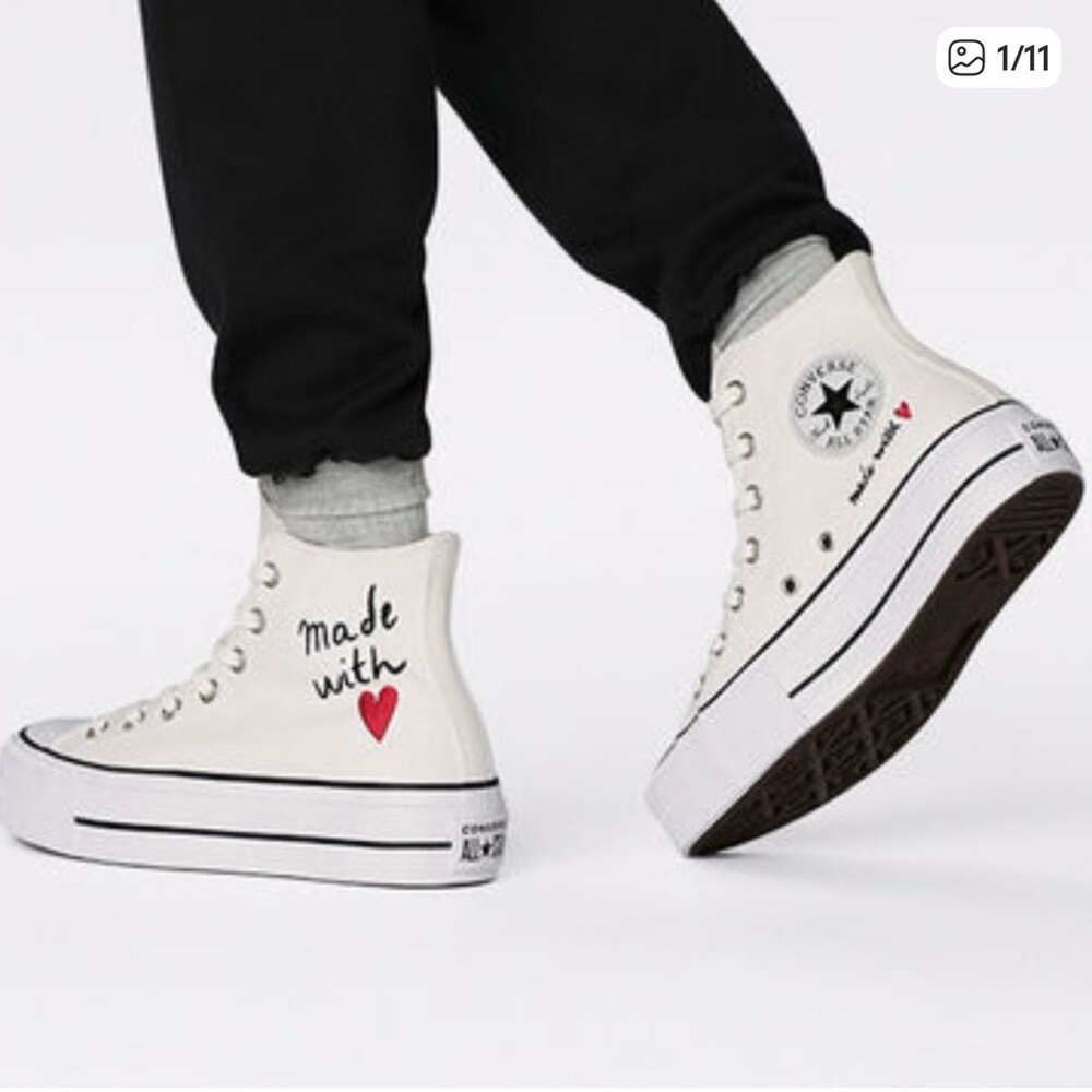 Converse White High-Top Platform Sneakers with Red Heart Accent